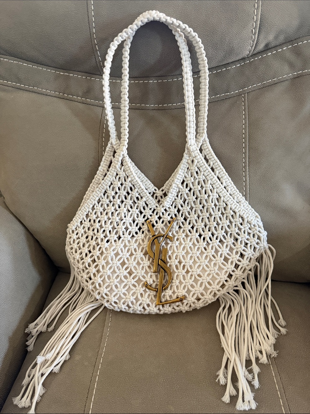 Yves Saint Laurent Cream Macramé Fringe Shoulder Bag with Gold YSL Logo